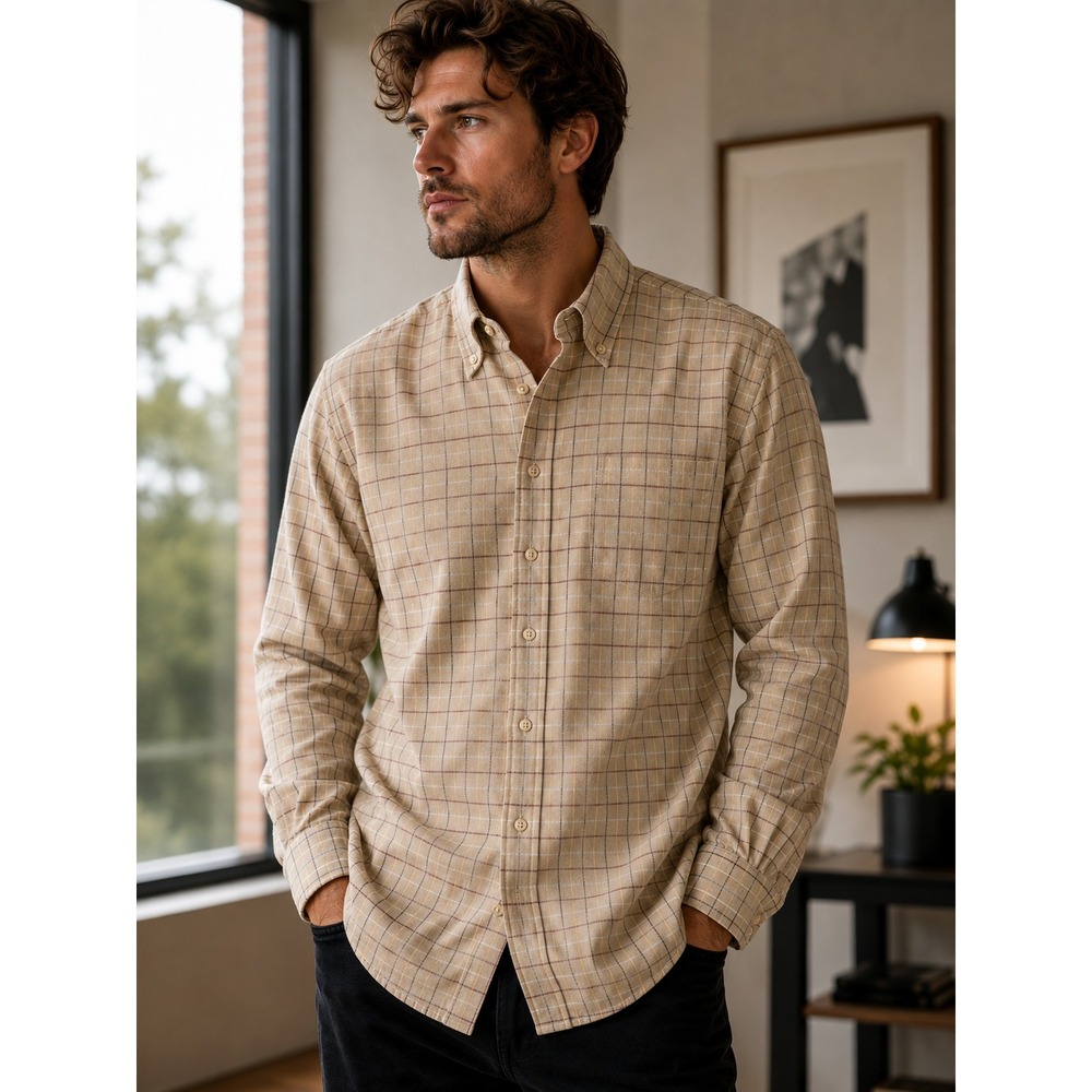 🇺🇸 Ike Behar Brown windowpaine  Check 100% Cotton Men's Dress Shirt